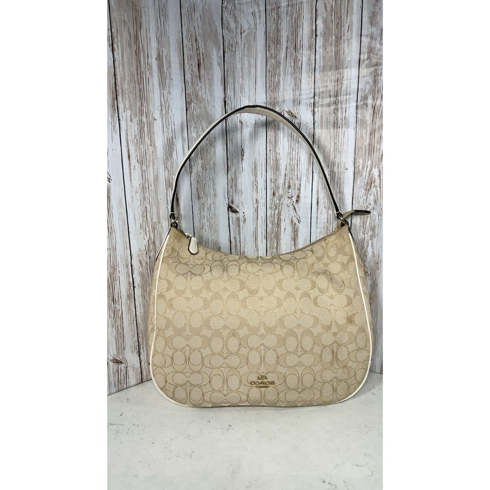 Coach F29959 Signature Jacquard Hobo Shoulder Bag Beige Ivory Gold Purse Zipper